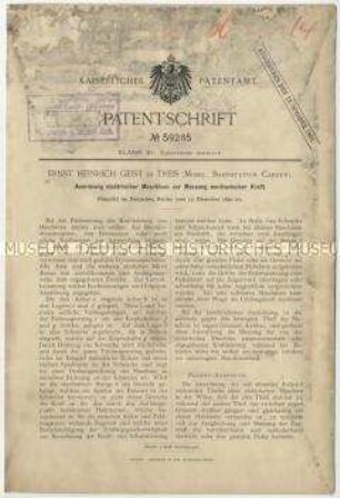 Patentschrift einer Anordnung elektrischer Maschinen zur Messung mechanischer Kräfte, Patent-Nr. 59285