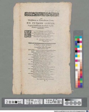 Ad Doctißimum ac Humanißimum Virum Dn. Petrum Sassium, Logices Professorem Acad. Rost. digniss. Summum in Philosophia gradum assumentem