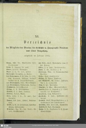 XI. Verzeichnis der Mitglieder des Vereins für Geschichte u. Topographie Dresdens und seiner Umgebung
