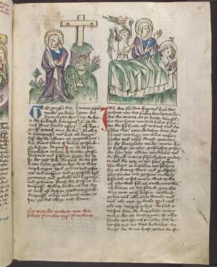 7. Schmerz Marias: Trauer nach der Himmelfahrt Christi (Kapitel 44); Maria und ein Engel am Sterbebett eines Priesters (Kapitel 45)