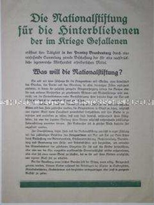 Werbeblatt der Nationalstiftung für die Hinterbliebenen der Kriegsgefallenen