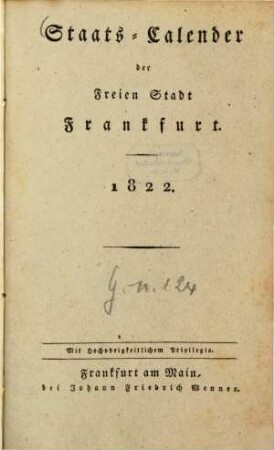Staats-Kalender der Freien Stadt Frankfurt. 1822