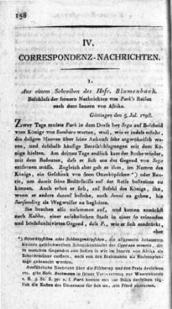 Aus einem Schreiben des Hofr. Blumenbach : Beschluß der fernern Nachrichten von Park´s Reisen nach dem Innern von Afrika : Göttingen den 5. Jul. 1798