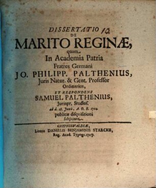 Dissertatio De Marito Reginæ