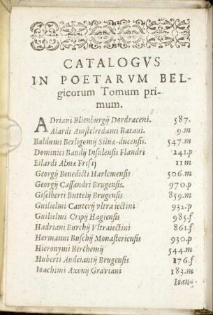 Catalogus In Poetarum Belgicorum Tomum primum.