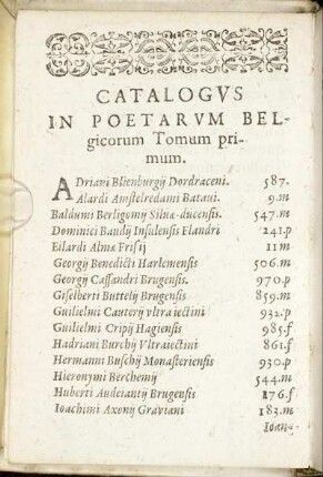 Catalogus In Poetarum Belgicorum Tomum primum.