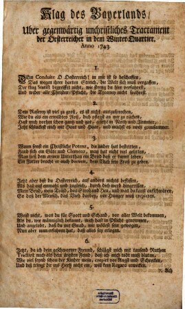 Klag des Bayerlands, Uber gegenwärtig unchristliches Tractament der Oesterreicher in dem Winter-Quartier : Anno 1743.