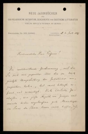 Nr. 4 Brief von Johannes Ilberg an Ulrich von Wilamowitz-Moellendorff. Leipzig, 4.7.1897