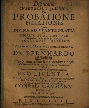 Disputatio Inauguralis Iuridica De Probatione Filiationis