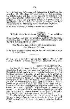 Fälligkeit und Berechnung des Staatsbaubeitrags aus § 17 B.U.G. Prüfung der Notwendigkeit von Schulbauten : [G. Öffentliches Volksschulwesen]