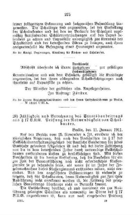 Fälligkeit und Berechnung des Staatsbaubeitrags aus § 17 B.U.G. Prüfung der Notwendigkeit von Schulbauten : [G. Öffentliches Volksschulwesen]