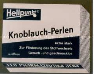 Werbeschild "Heilpunkt Knoblauch-Perlen"