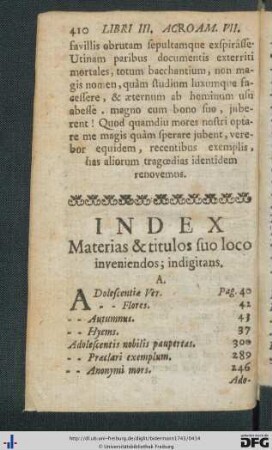 Index materias et titulos, suo loco inveniendos; indigitans.