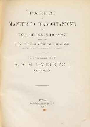 Pareri e manifesto d'associazione al Vocabolario enciclopedico dantesco redatto dal Prof. Ercolano Conte Gaddi Hercolani : (hgg. von V. B. De'Marchesi Diotallevi.)