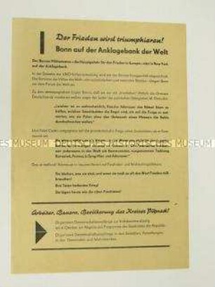 Propagandaflugblatt der Agitationskommission des Kreisausschusses Pößneck der Nationalen Front der DDR mit einem Aufruf zur Abrüstung in der BRD