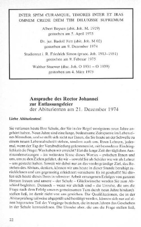Ansprache des Rector Johannei zur Entlassung der Abiturienten am 21. Dezember 1974