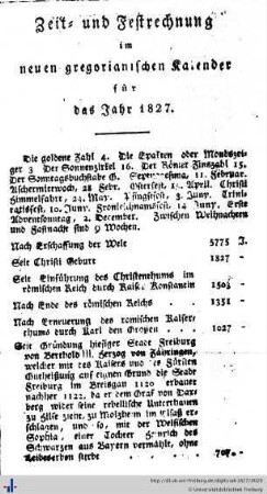 Zeit- und Festrechnung im neuen gregorianischen Kalender für das Jahr 1827.