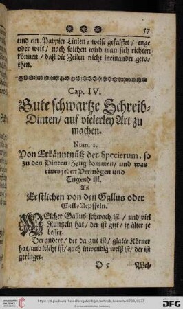 Cap. IV: Gute schwartze Schreib = Dinten, auf vielerley Art zu machen