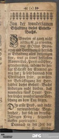 Von der wundersamen Erhaltung dieses Gebett-Buchs
