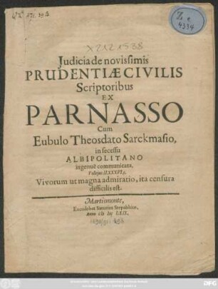Iudicia de novissimis Prudentiae Civilis Scriptoribus Ex Parnasso