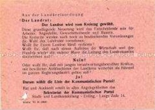 Propagandaflugblatt der KPD Erding zu den Kreistagswahlen 1946 mit Hinweisen auf die Wahlordnung