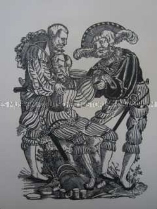 Kriegerdarstellung, Landsknecht, verwundeter Landsknecht und Feldarzt, 1510/1530.