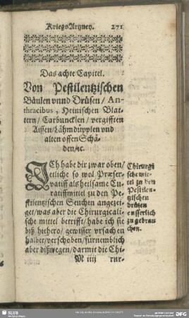 Das achte Capitel. Von Pestilentzischen Bäulen unnd Drüsen, Anthracibus, Heinischen Blattern, ...