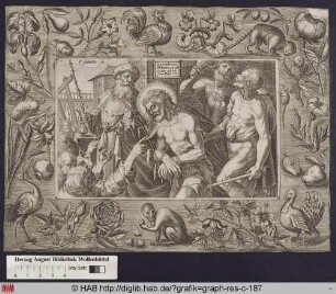 Ecce homo-Szene mit einem Rahmen aus Tieren, Blumen und Früchten.