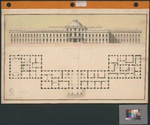 Schloss Hohenheim, Gartenfront und Grundriss Erdgeschoss