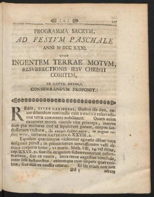 Programma Sacrum, Ad Festum Paschale Anni MDCCXXXI.