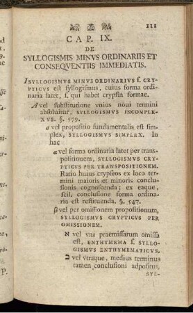 Cap. IX. De syllogismis minus ordinariis et consequentiis immediatis.