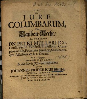 De Jure Columbarum : = Vom Tauben-Recht