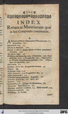 Index Rerum ac Materiarum quae in hoch Compendio continentur.