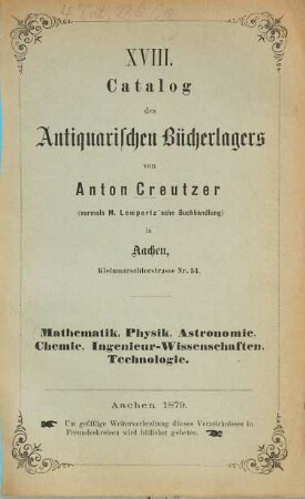 Lager-Katalog. 18. 1879