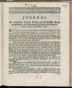 Journal Der combinirt-Kaiserl. Königl. und des Reichs-Executions-Armee, aus dem Haupt-Quartier Dorf Strehlen vom 16. bis 22. September, 1760
