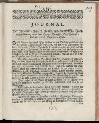 Journal Der combinirt-Kaiserl. Königl. und des Reichs-Executions-Armee, aus dem Haupt-Quartier Dorf Strehlen vom 16. bis 22. September, 1760