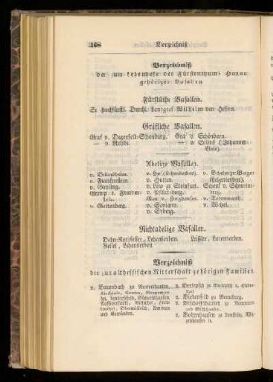 Verzeichnis der zum Lehenhofe des Fuerstenthums Hanau gehoerigen Vasallen.