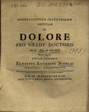 Dissertationem Inavgvralem Medicam De Dolore