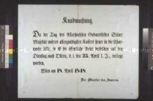 Maueranschlag: Bekanntmachung über die Feierlichkeiten anlässlich des Geburtstages von Kaiser Ferdinand; Wien, 18. April 1848