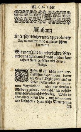 Anhang Unterschiedlicher und approbirter Experimenten und anderer schöne Secreten.