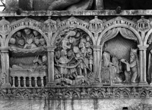 Reliefs mit Szenen aus dem Leben Christi: Geburt Christi, Verkündigung an die Hirten und Anbetung der Heiligen Drei Könige