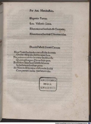 Epitome Elegantiarum Laurentii Vallae : mit Brief des Autors, Venedig 15.3.1493, und Gedicht von Domitius Palladius
