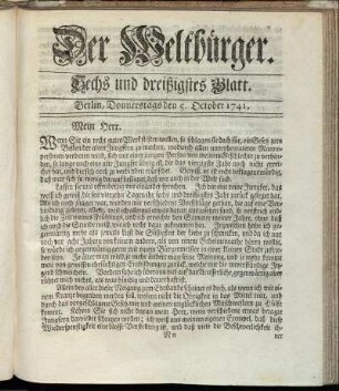 Sechs und dreißigstes Blatt. Berlin, Donnerstags den 5. October 1741.