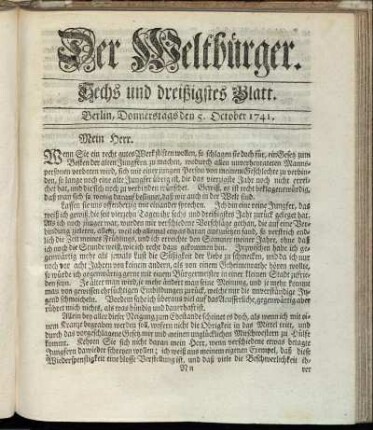 Sechs und dreißigstes Blatt. Berlin, Donnerstags den 5. October 1741.