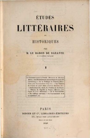 Études littéraires et historiques. 1