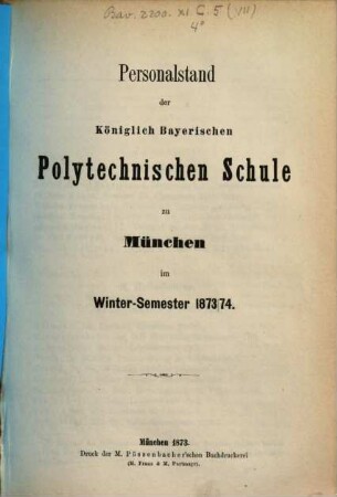 Personalstand der Königlich-Bayerischen Polytechnischen Schule zu München. 1873/74 (1873)