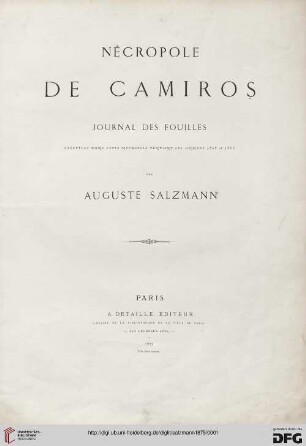 Nécropole de Camiros : journal des fouilles exécutées dans cette nécrolpole pendant les années 1858 a 1865