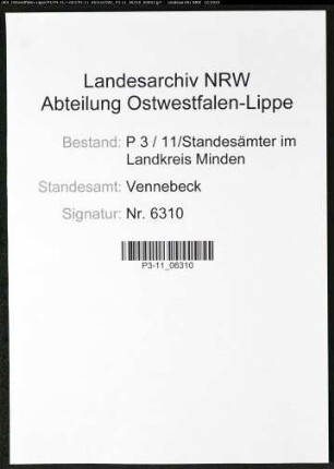 Sterberegister Standesamt Vennebeck