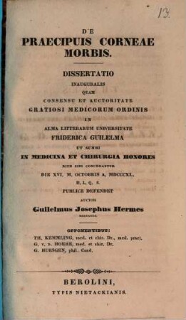 De praecipuis corneae morbis : dissertatio inauguralis