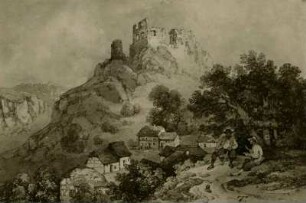 Landschaftsgemälde mit sitzenden Wanderern und Ruine auf einem Berg im Hintergrund